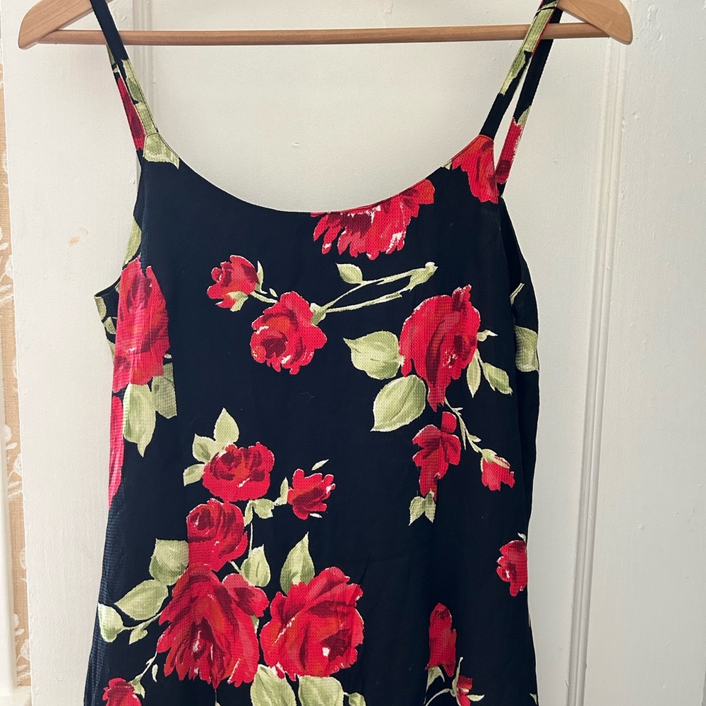 Vintage Laura Ashley Long Black Dress Red Rose Flowers 8 Excellent Condition